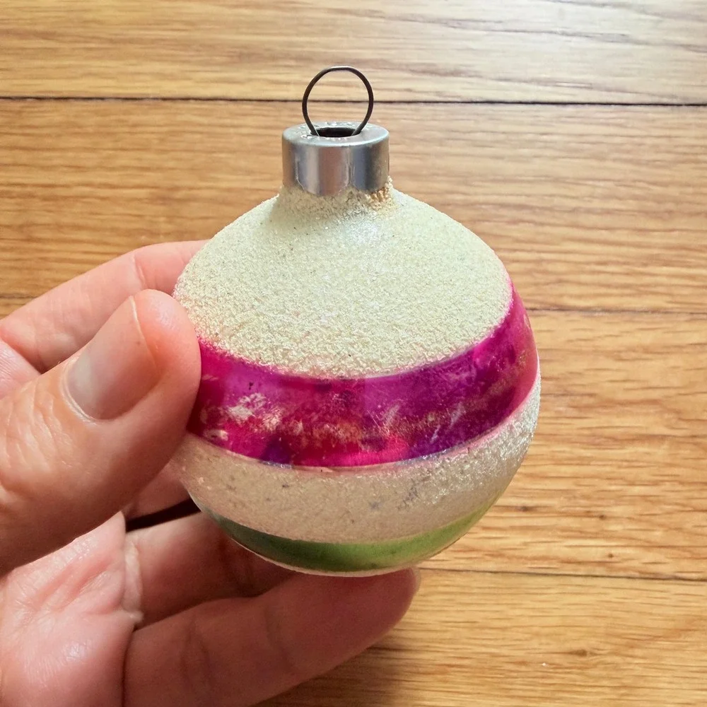 George Franke Pair Christmas Ornaments Pink Green Striped Mica USA MCM 1950's